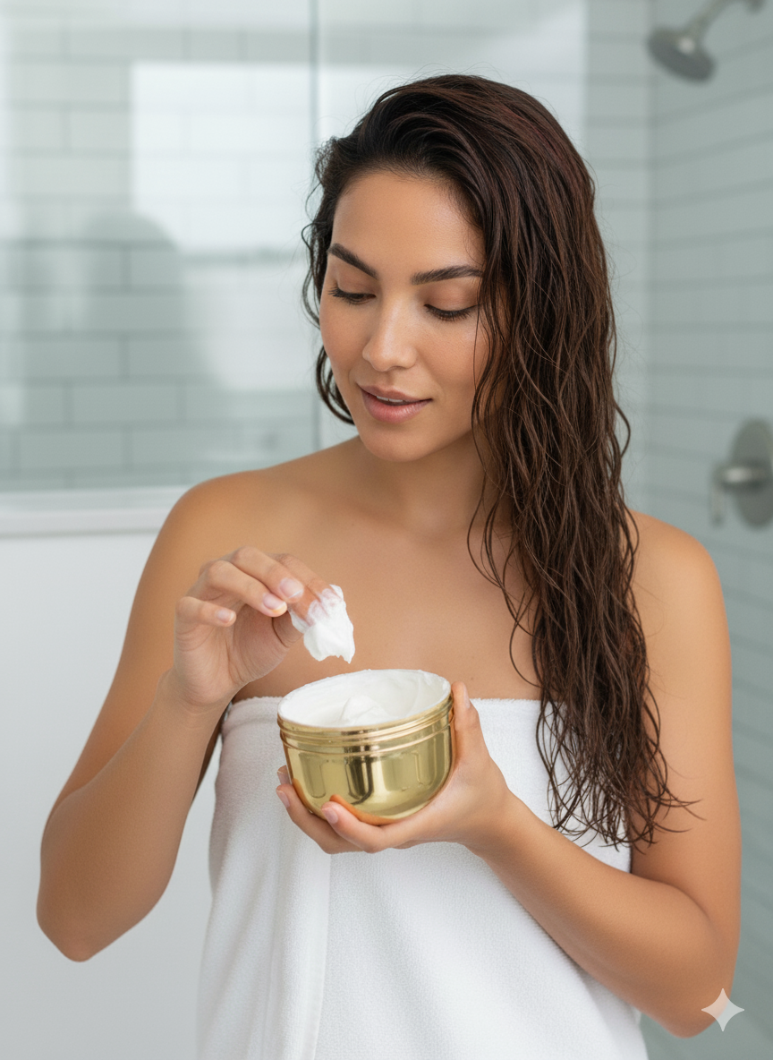 Woman applying D.tangle from a gold container in a bathroom setting