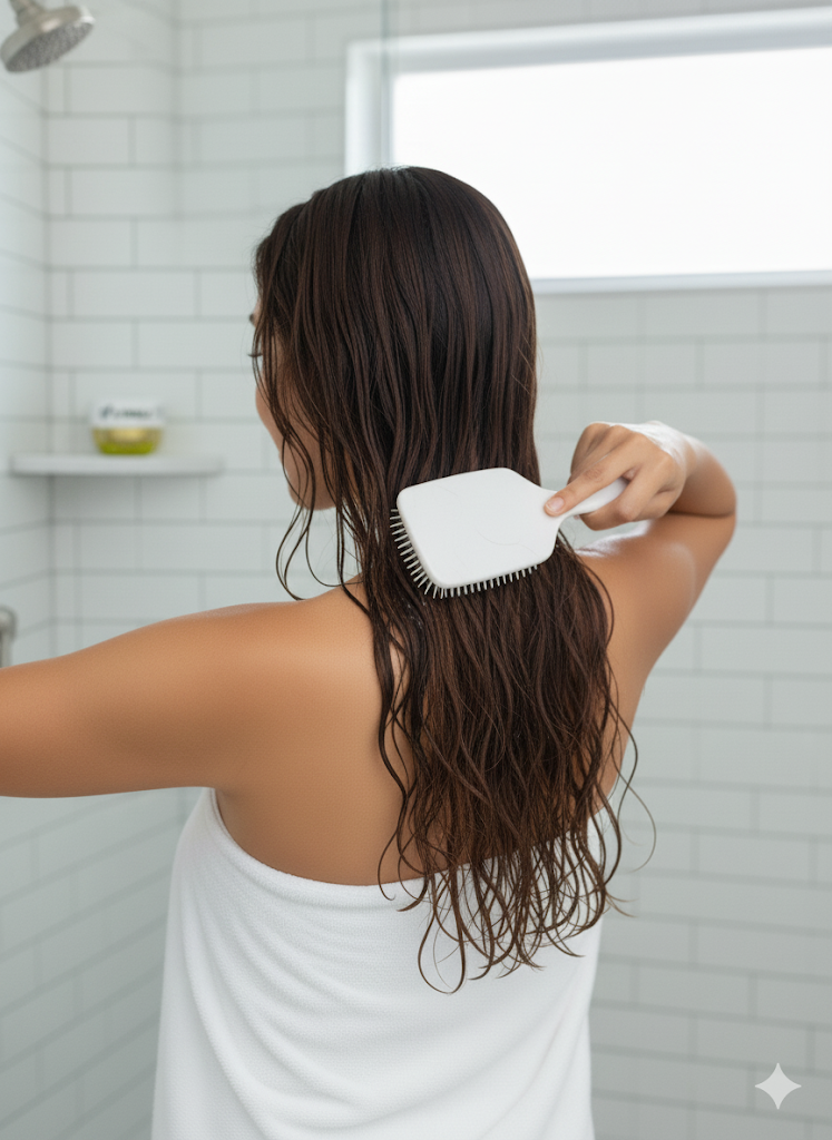Person brushing wet hair after aplying D.tangle  in a bathroom