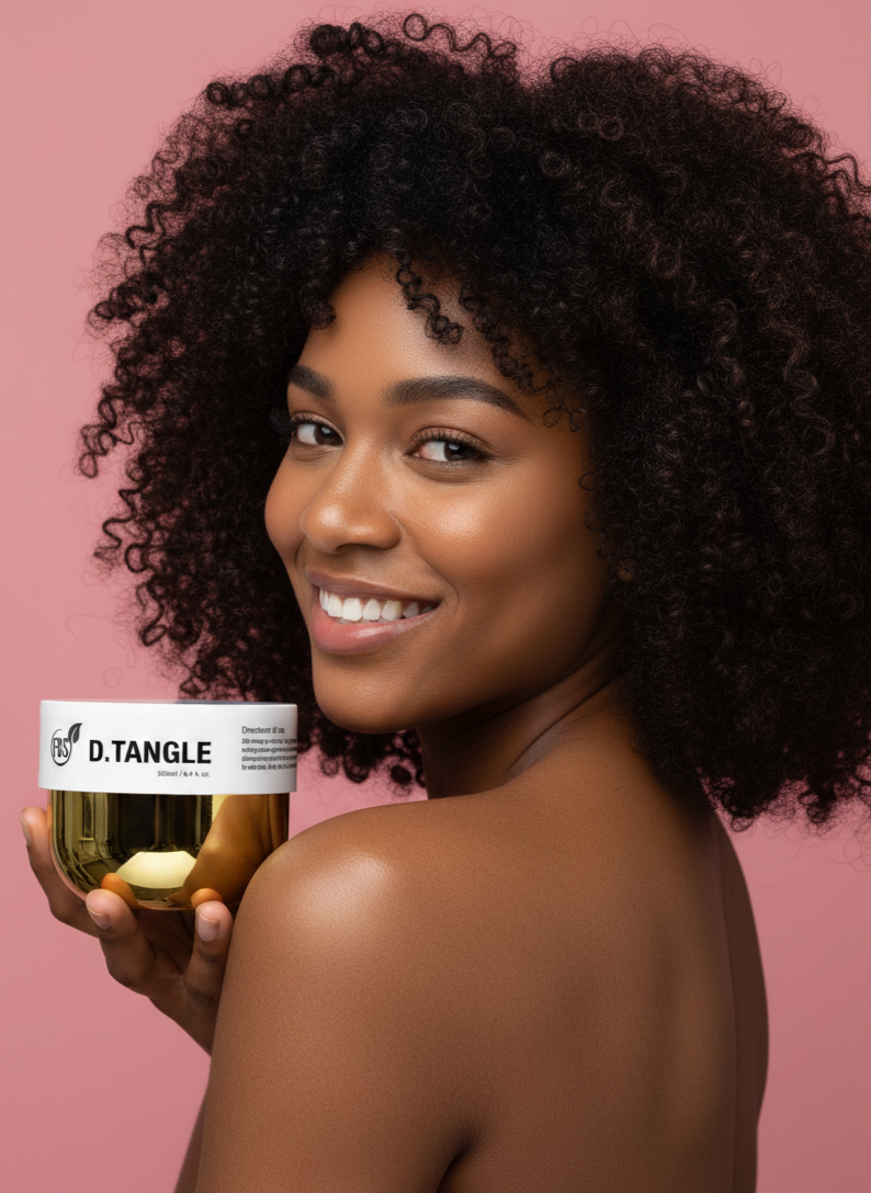 Woman holding a jar of D.TANGLE product against a pink background