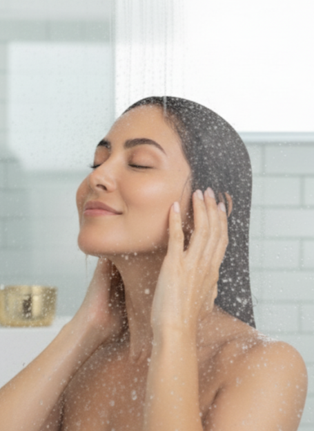 Woman rinsing her hair after using D.tangle Hair Mask
