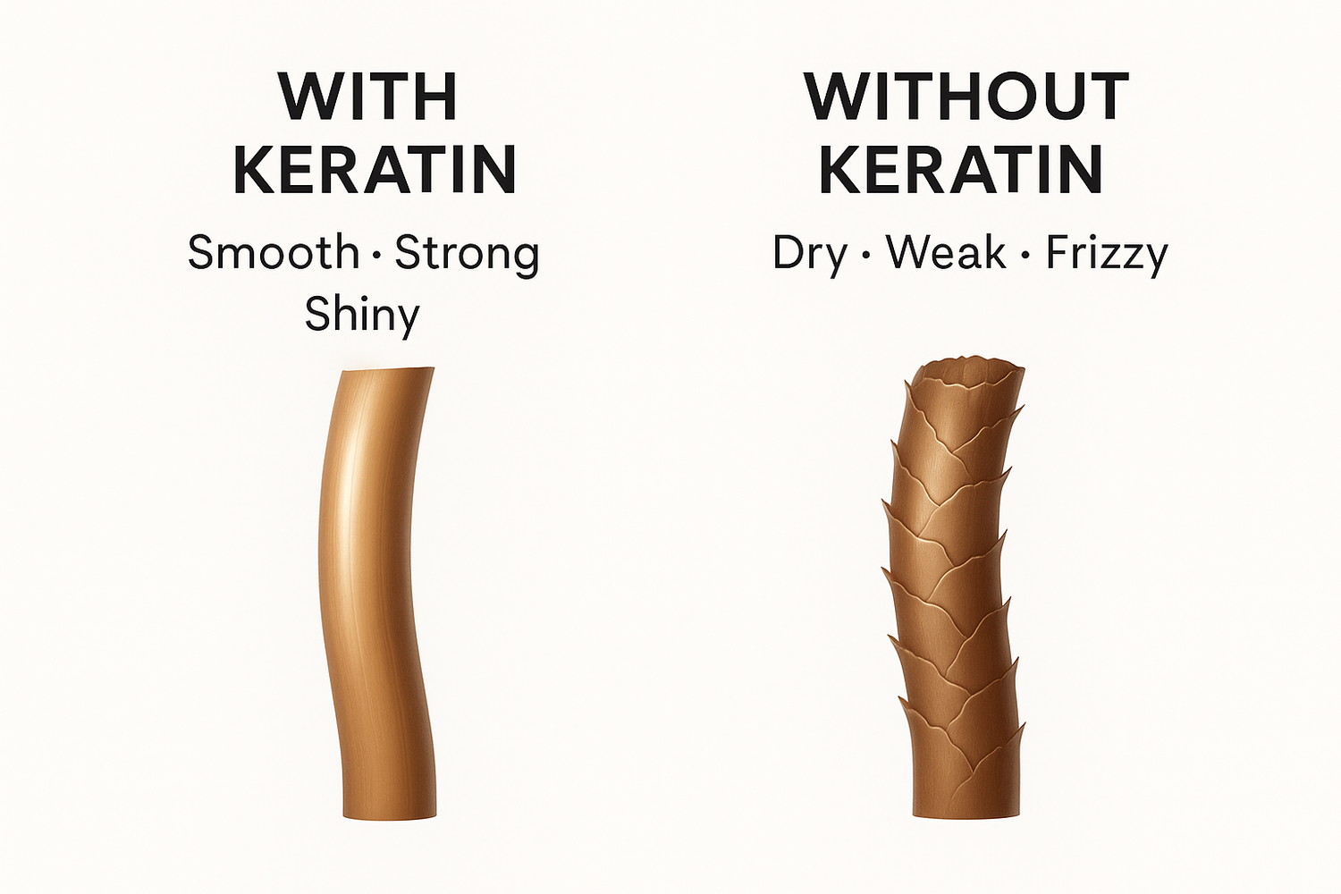 Comparison of hair texture with and without keratin treatment on a white background.